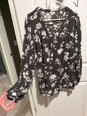 Olive Green, Black & White Floral Long-Sleeve Women’s Blouse